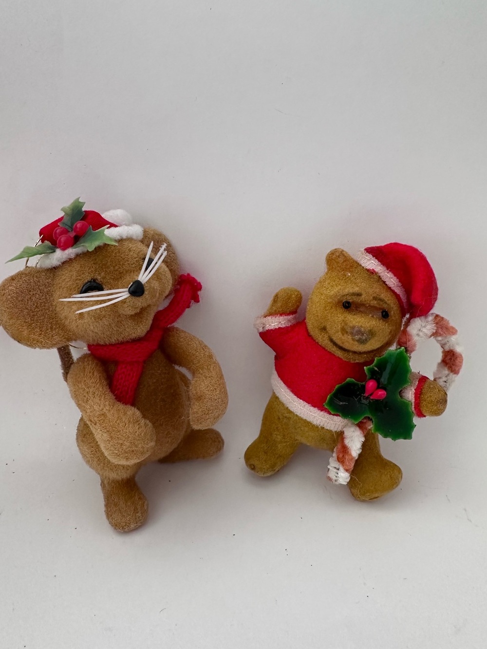 2 VINTAGE FLOCKED MOUSE WALT DISNEY POOH CHRISTMAS ORNAMENT